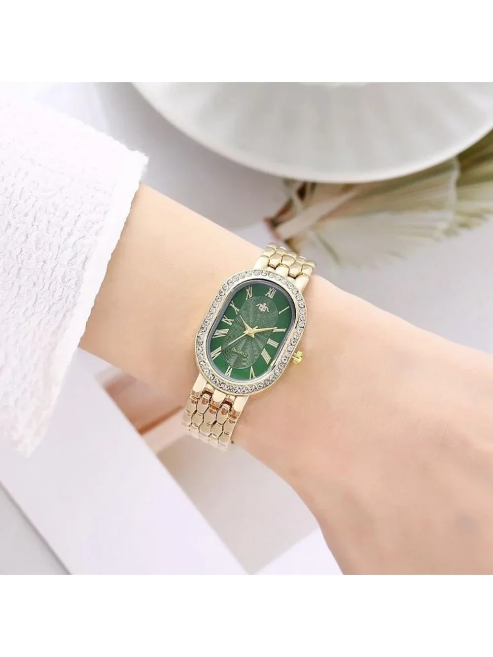 Women's Gold Strap Green Dial Oval Case Adjustable Stainless Steel Analog Watch